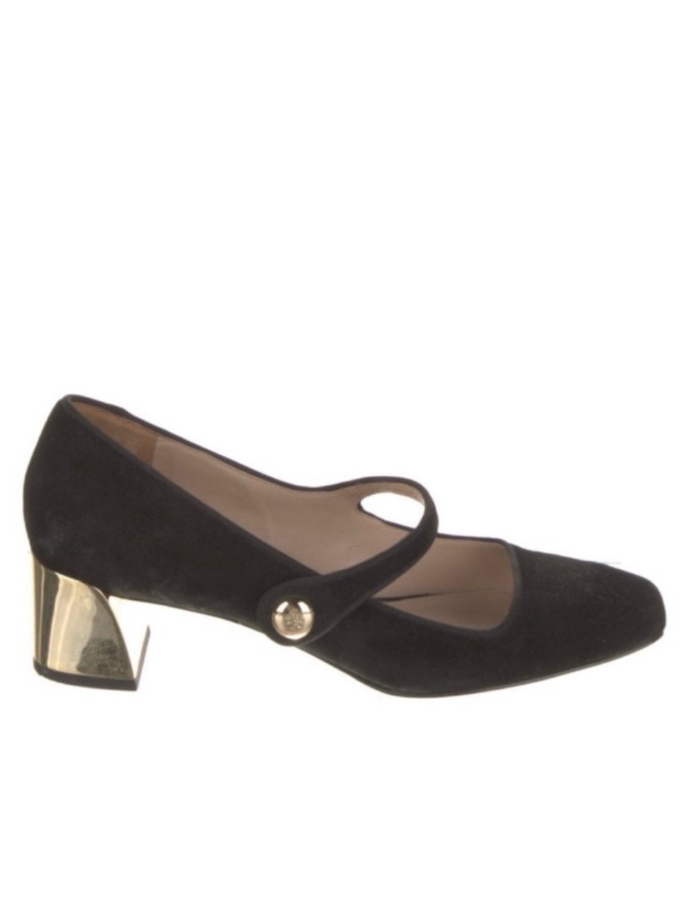 TORY BURCH Marisa Black Suede Mary Jane Gold Block Heel Pump - Picture 4 of 10